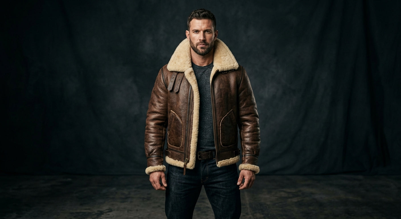 Men's B3 RAF Real Fur Leather Bomber Jacket - Aviator Pilot Flying US Navy Style